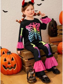 Young Girl Halloween Skeleton Print Ruffle Trim Tee & Pants