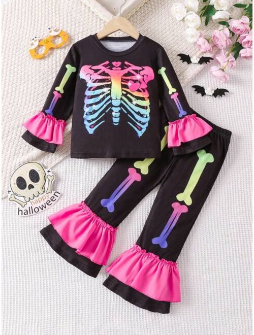 Shein Young Girl Halloween Skeleton Print Ruffle Trim Tee & Pants