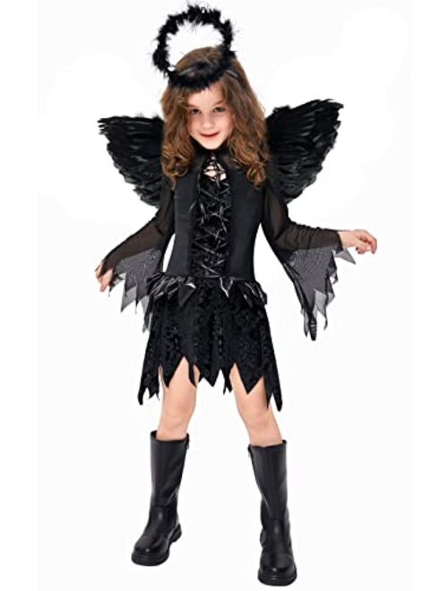 Doxrmuru Girls Fallen Angel Dress for Halloween Costume with Black Wings