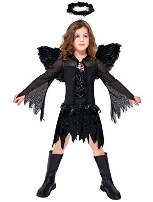 Doxrmuru Girls Fallen Angel Dress for Halloween Costume with Black Wings