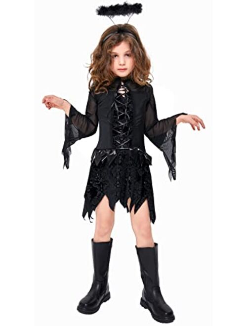 Doxrmuru Girls Fallen Angel Dress for Halloween Costume with Black Wings