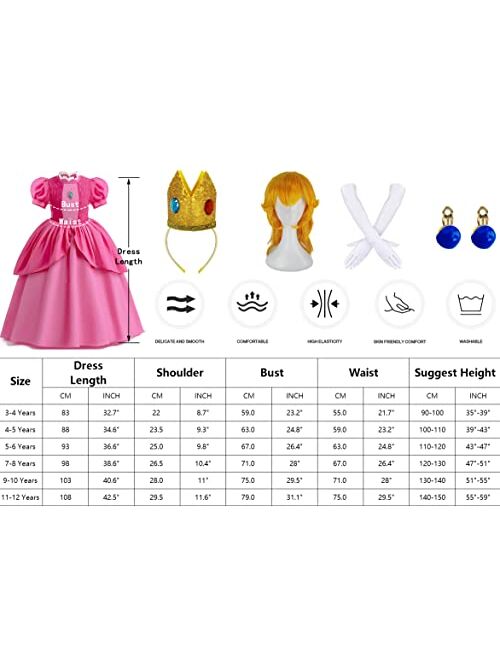 Enccfoeo Princess Peach Costume Dress Girls Kids with Crown Wig Gloves and Earrings Super Brother Cosplay Halloween Costumes