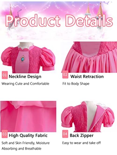 Enccfoeo Princess Peach Costume Dress Girls Kids with Crown Wig Gloves and Earrings Super Brother Cosplay Halloween Costumes