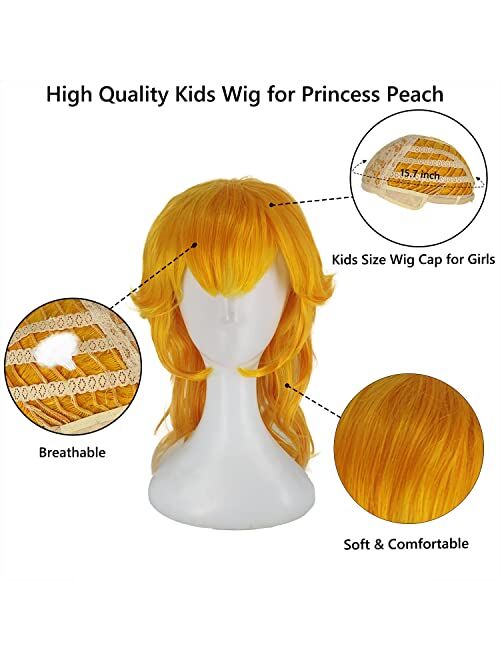 Enccfoeo Princess Peach Costume Dress Girls Kids with Crown Wig Gloves and Earrings Super Brother Cosplay Halloween Costumes