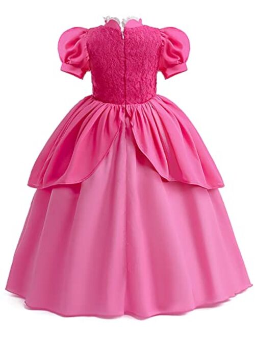 Enccfoeo Princess Peach Costume Dress Girls Kids with Crown Wig Gloves and Earrings Super Brother Cosplay Halloween Costumes