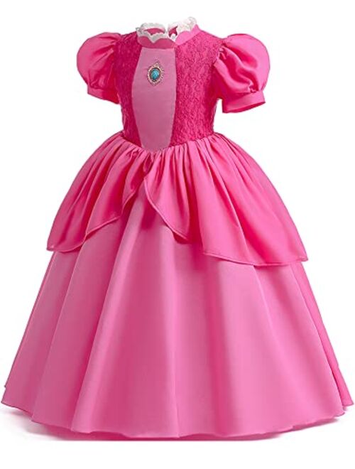 Enccfoeo Princess Peach Costume Dress Girls Kids with Crown Wig Gloves and Earrings Super Brother Cosplay Halloween Costumes