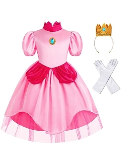 Oskiner Princess Peach Costume for Girls,Super Brothers Princess Peach Dress for Kids Cosplay Halloween Party Dress Up