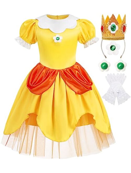 Oskiner Princess Peach Costume for Girls,Super Brothers Princess Peach Dress for Kids Cosplay Halloween Party Dress Up