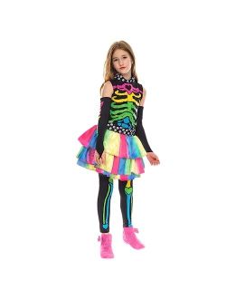 Funky Punky Bones Colorful Skeleton Deluxe Girls Costume Set with Hair Extensions