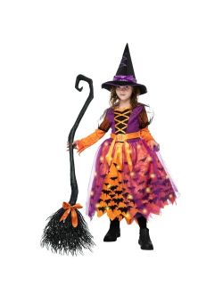 Girls Witch Costume, Light Up Starry Witch Dress with Hat and Broom for Kids, Toddler Halloween Dress Up, Role Play (Medium (8-10yr))