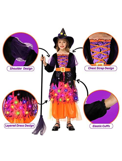 Lumiparty Witch Costume Halloween for Girls Toddler,Light Up Witch Costume Sparkle Witch Dress for Kids Fairy Tale Dress-Up Party