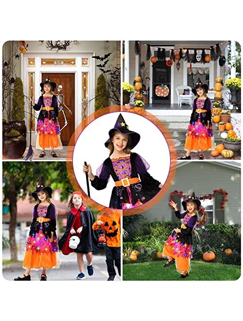 Lumiparty Witch Costume Halloween for Girls Toddler,Light Up Witch Costume Sparkle Witch Dress for Kids Fairy Tale Dress-Up Party