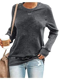 SENSERISE Womens Casual Crewneck Sweatshirt Long Sleeve Solid Color Shirt Soft Lightweight Loose Top