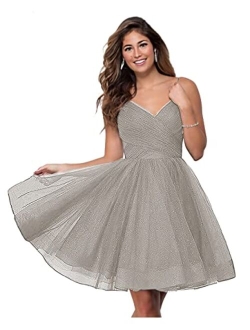 WaterDress Short V-Neck Tulle Homecoming Dresses Sparkly for Teens Spaghetti Straps Cocktail Dresses WD039