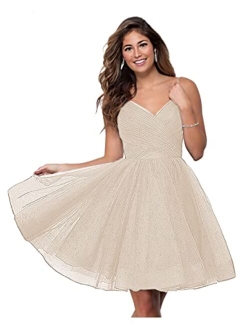 WaterDress Short V-Neck Tulle Homecoming Dresses Sparkly for Teens Spaghetti Straps Cocktail Dresses WD039