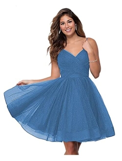 WaterDress Short V-Neck Tulle Homecoming Dresses Sparkly for Teens Spaghetti Straps Cocktail Dresses WD039