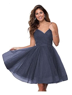 WaterDress Short V-Neck Tulle Homecoming Dresses Sparkly for Teens Spaghetti Straps Cocktail Dresses WD039