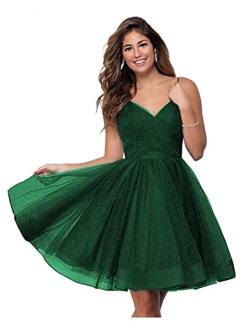 WaterDress Short V-Neck Tulle Homecoming Dresses Sparkly for Teens Spaghetti Straps Cocktail Dresses WD039