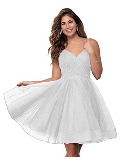 WaterDress Short V-Neck Tulle Homecoming Dresses Sparkly for Teens Spaghetti Straps Cocktail Dresses WD039