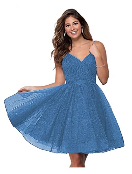 WaterDress Short V-Neck Tulle Homecoming Dresses Sparkly for Teens Spaghetti Straps Cocktail Dresses WD039