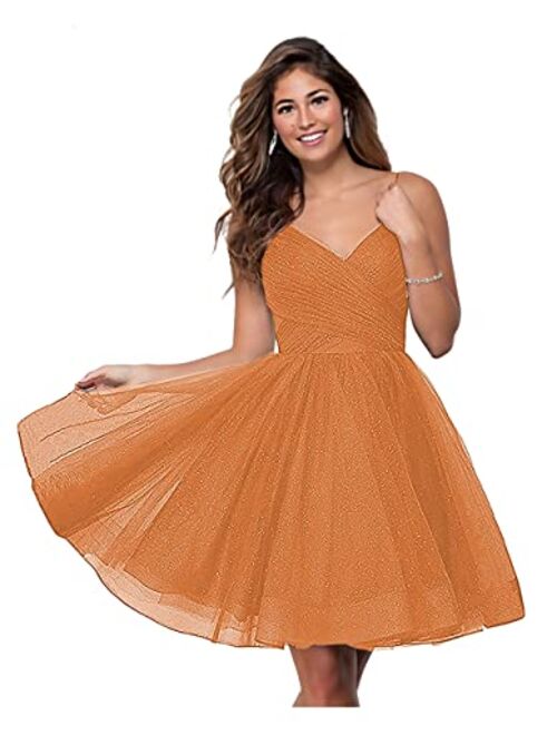 WaterDress Short V-Neck Tulle Homecoming Dresses Sparkly for Teens Spaghetti Straps Cocktail Dresses WD039