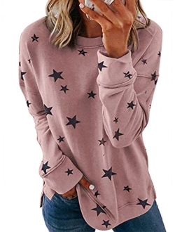 Acelitt Women Long Sleeve Crewneck Sweatshirt Side Split Pullover Tops