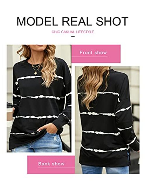 Acelitt Women Long Sleeve Crewneck Sweatshirt Side Split Pullover Tops