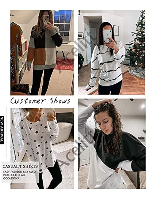 Acelitt Women Long Sleeve Crewneck Sweatshirt Side Split Pullover Tops