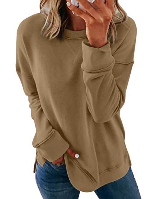 Acelitt Women Long Sleeve Crewneck Sweatshirt Side Split Pullover Tops