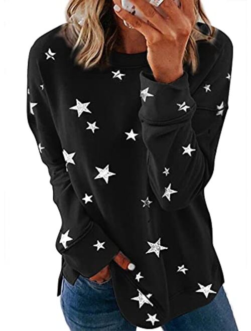 Acelitt Women Long Sleeve Crewneck Sweatshirt Side Split Pullover Tops