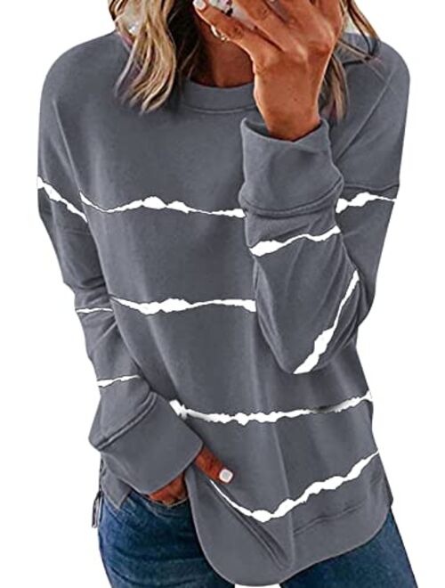 Acelitt Women Long Sleeve Crewneck Sweatshirt Side Split Pullover Tops