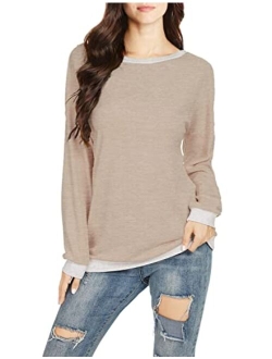 JINKESI Women Long Sleeve Tops Color Block Sweatshirts Round Neck Loose Tunic Top