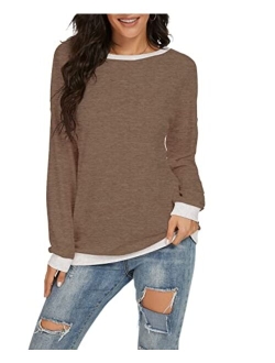 JINKESI Women Long Sleeve Tops Color Block Sweatshirts Round Neck Loose Tunic Top