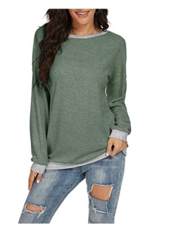 JINKESI Women Long Sleeve Tops Color Block Sweatshirts Round Neck Loose Tunic Top