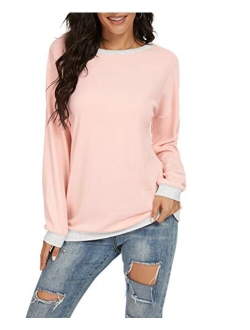 JINKESI Women Long Sleeve Tops Color Block Sweatshirts Round Neck Loose Tunic Top