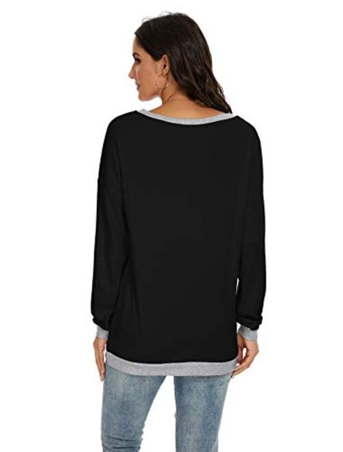 JINKESI Women Long Sleeve Tops Color Block Sweatshirts Round Neck Loose Tunic Top