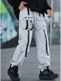 Tween Boy Letter Graphic Buckle Detail Flap Pocket Cargo Pants