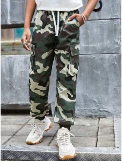 Kids Cooltwn Boys Camo Print Flap Pocket Side Drawstring Waist Cargo Pants