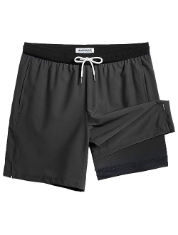 Mens Swim Trunks with Compression Liner 7 Inch Inseam Mens Bathing Suit Quick Dry Mens Swimming Trunks Swimsuit