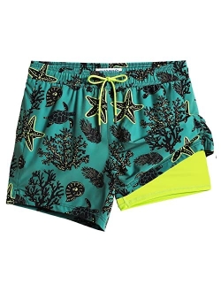 Mens Swim Trunks with Compression Liner 5" Stretch Beach Shorts Quick Dry with Zipper Pockets No-Chafing Board Shorts