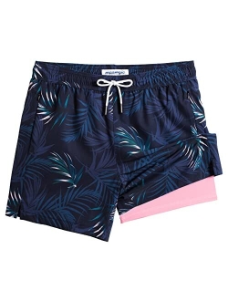 Mens Swim Trunks with Compression Liner 5" Stretch Beach Shorts Quick Dry with Zipper Pockets No-Chafing Board Shorts