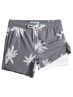 Mens Swim Trunks with Compression Liner 5" Stretch Beach Shorts Quick Dry with Zipper Pockets No-Chafing Board Shorts