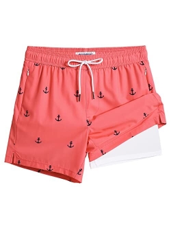 Mens Swim Trunks with Compression Liner 5" Stretch Beach Shorts Quick Dry with Zipper Pockets No-Chafing Board Shorts