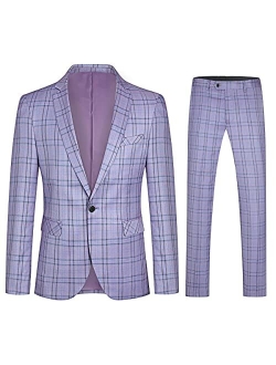 Mens 2 PCS Plaid Suits Slim Purple Khaki Formal Suit Checkered Blazer Jacket Pants