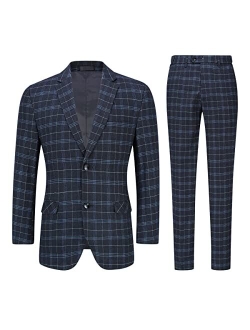 Mens 2 PCS Plaid Suits Slim Purple Khaki Formal Suit Checkered Blazer Jacket Pants