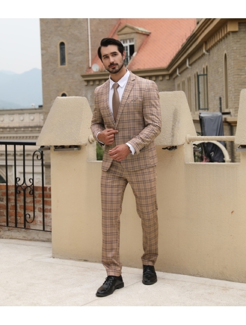 Cloudstyle Mens 2 PCS Plaid Suits Slim Purple Khaki Formal Suit Checkered Blazer Jacket Pants