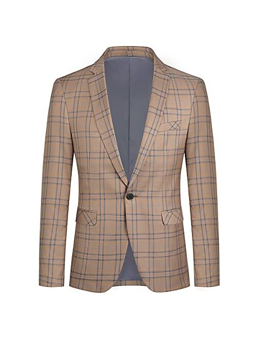 Cloudstyle Mens 2 PCS Plaid Suits Slim Purple Khaki Formal Suit Checkered Blazer Jacket Pants