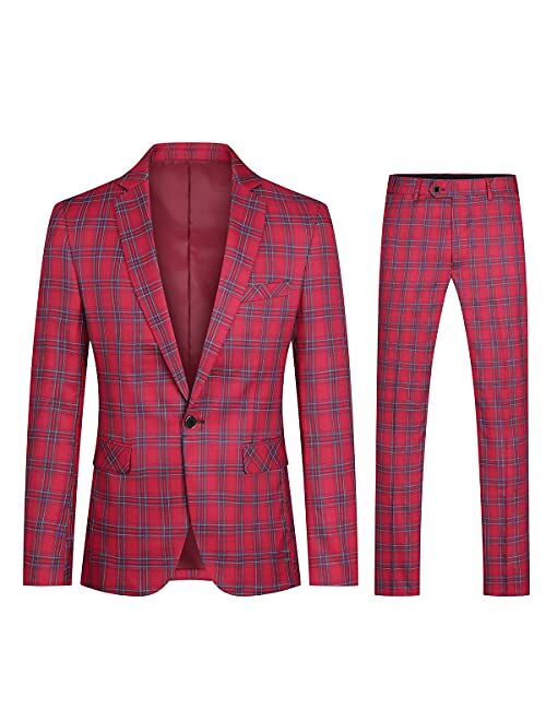 Cloudstyle Mens 2 PCS Plaid Suits Slim Purple Khaki Formal Suit Checkered Blazer Jacket Pants