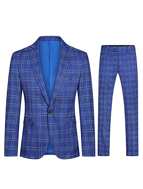 Cloudstyle Mens 2 PCS Plaid Suits Slim Purple Khaki Formal Suit Checkered Blazer Jacket Pants