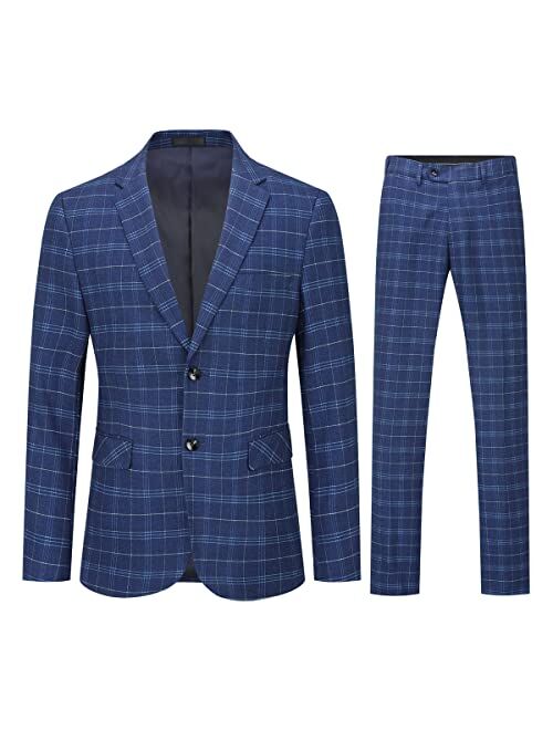 Cloudstyle Mens 2 PCS Plaid Suits Slim Purple Khaki Formal Suit Checkered Blazer Jacket Pants